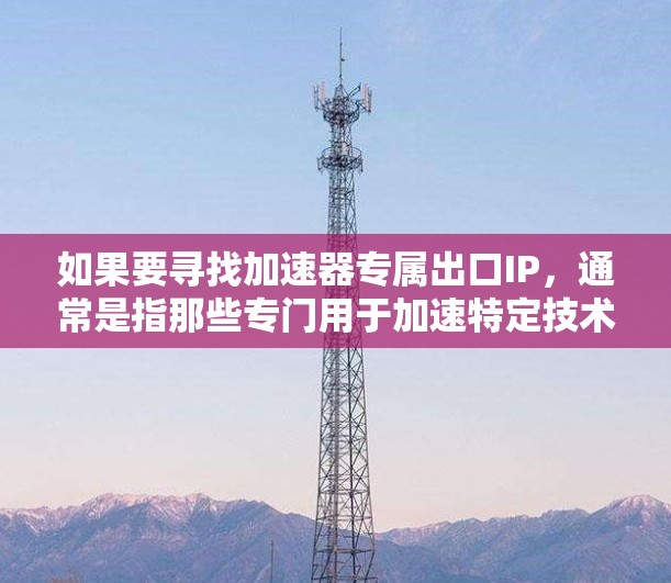 如果要寻找加速器专属出口IP,通常是指那些专门用于加速特定技术或应用的IP地址。这些IP地址可能被特定的加速器或服务注册,用于特定的行业或用途。以下是一些常见的出口IP地址