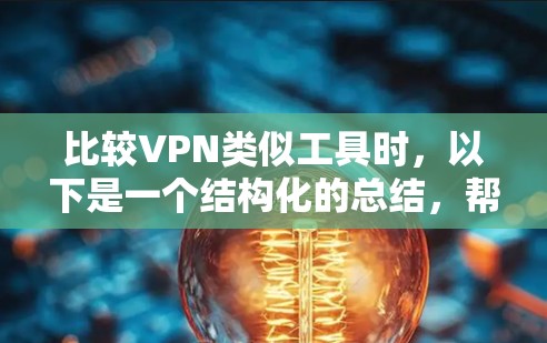 比较VPN类似工具时,以下是一个结构化的总结,帮助你更清晰地了解每个工具的特点及其适用场景